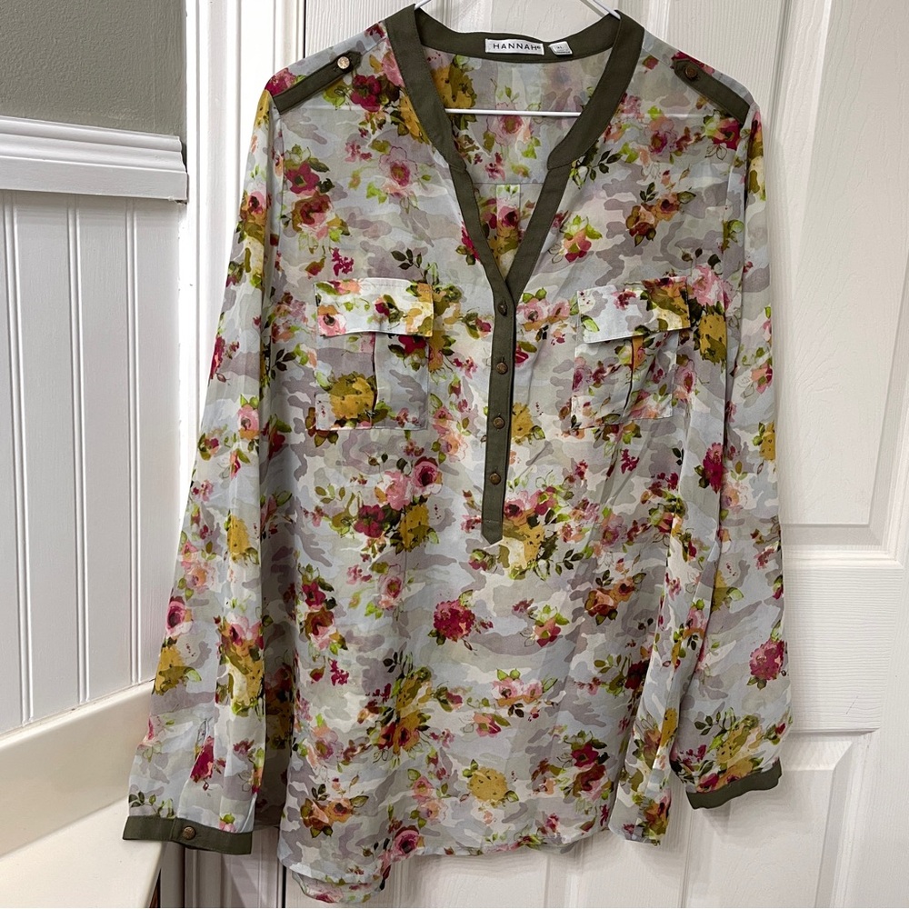 Hannah Floral Sheer Blouse with Olive Accents - Picture 2 of 8